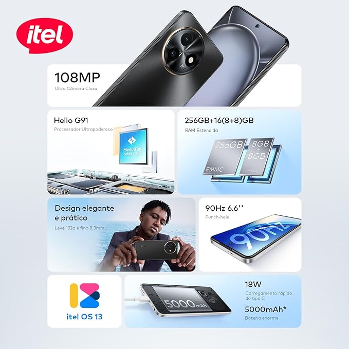 Itel S24 (256GB), tela 6,7” Câmera de 108MP